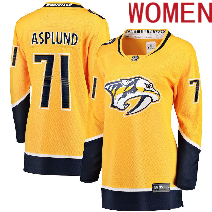 Women Nashville Predators #71 Rasmus Asplund Fanatics Branded Gold Home Breakaway NHL Jersey